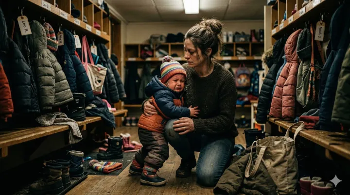 Zoufale plačící dítě držící se nohy stresované matky v šatně mateřské školy.