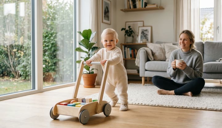 Miminko dělá první krůčky s dřevěným dětským chodítkem v obývacím pokoji, zatímco se maminka v pozadí usmívá.